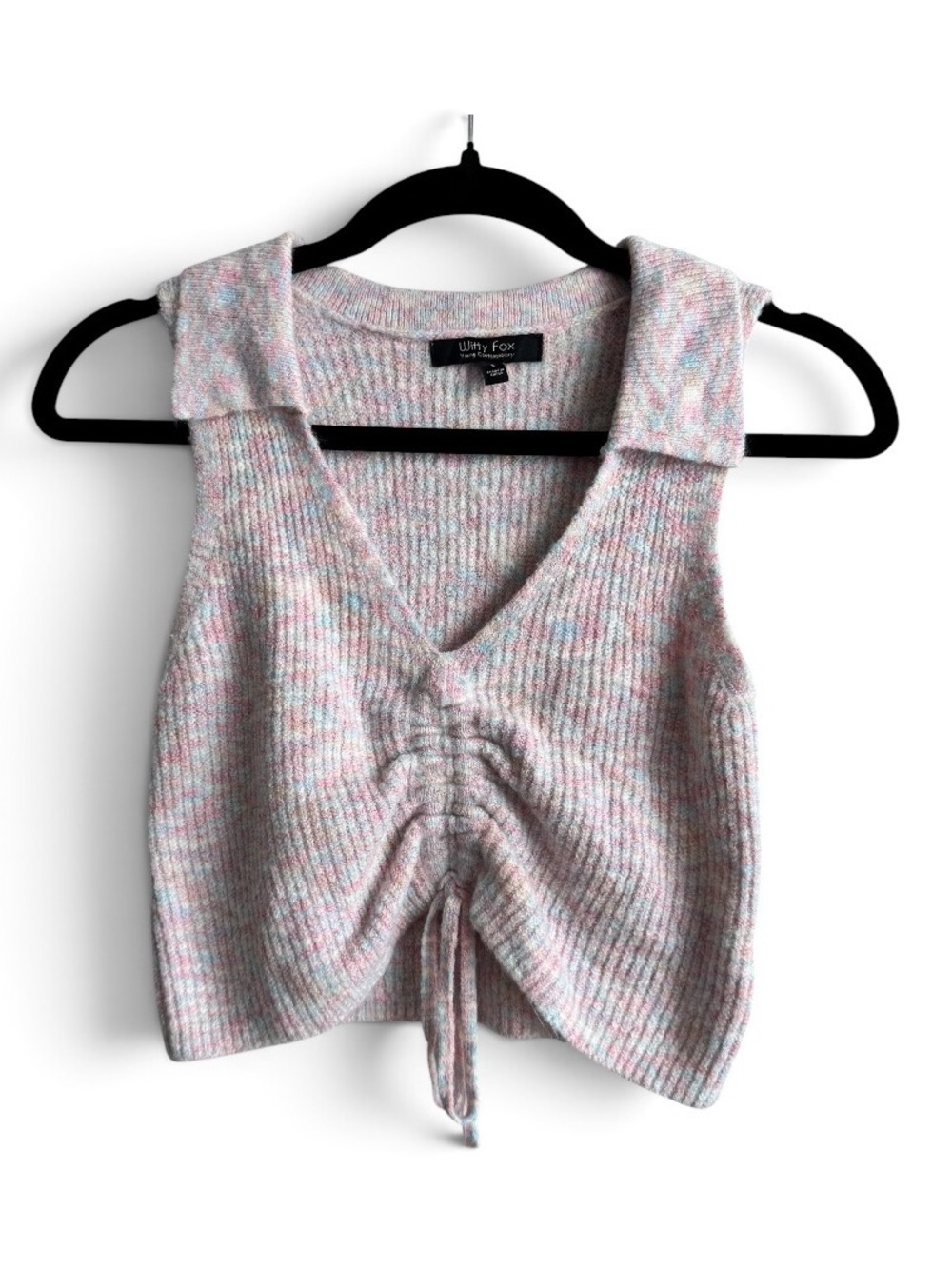 Witty Fox Pastel Knit Cropped Sweater Vest Ruched Front Tie Size Small